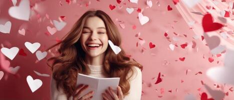 ai gegenereerd opgewonden positief meisje glimlachen en op zoek Bij vallend hart papier in Valentijn dag Aan roze achtergrond foto
