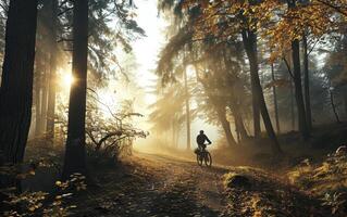 ai gegenereerd silhouet van een fietser in herfst Aan een zonnig middag foto