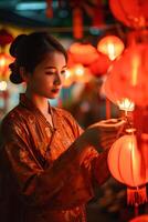 ai gegenereerd lantaarn magie dame verlichting omhoog de geest van Chinese nieuw jaar foto