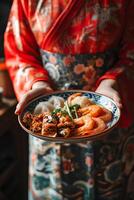 ai gegenereerd culinaire elegantie vrouw houdt een bord van Chinese nieuw jaar geneugten foto