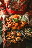 ai gegenereerd culinaire elegantie vrouw houdt een bord van Chinese nieuw jaar geneugten foto