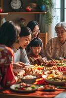 ai gegenereerd culinaire obligaties multigenerationeel familie Bij nieuw jaar avondeten tafel foto