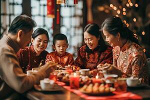 ai gegenereerd culinaire obligaties multigenerationeel familie Bij nieuw jaar avondeten tafel foto