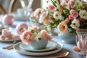 ai gegenereerd aster elegantie een pastel bloemen affaire Bij de tafel foto