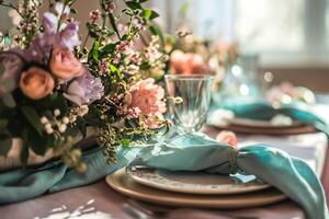 ai gegenereerd aster elegantie een pastel bloemen affaire Bij de tafel foto