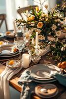 ai gegenereerd aster elegantie een pastel bloemen affaire Bij de tafel foto