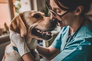 ai gegenereerd genezing poten omarmen de liefde en toewijding van een veterinair hond liefhebber foto