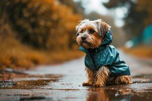 ai gegenereerd regenachtig dag chique klein hond steelt de tonen in modieus regenjas foto