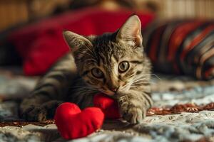 ai gegenereerd kat Cupido verspreiden liefde met een Valentijnsdag hart foto