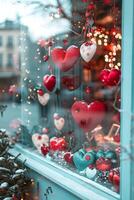 ai gegenereerd liefde in bloeien Valentijnsdag dag winkel venster vitrine foto