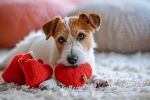 ai gegenereerd puppy liefde hoektand genegenheid in Valentijnsdag harten foto