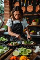 ai gegenereerd genieten traditie vrouw chef bouwen authentiek Mexicaans keuken foto