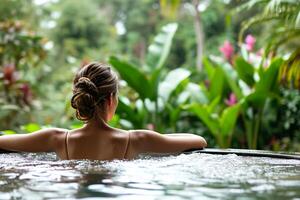 ai gegenereerd weelderig ontsnappen vrouw loungen in een tropisch spa veilige haven met tuin keer bekeken foto