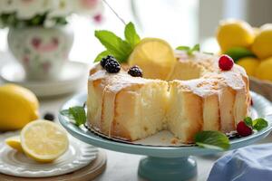 ai gegenereerd hemels citrus citroengeglazuurd engel voedsel taart in gemakkelijk voorjaar kalmte foto