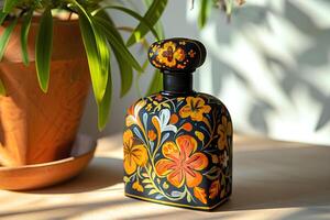 ai gegenereerd chique erfgoed Russisch motief parfum fles met volk patronen foto
