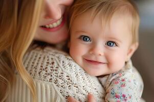 ai gegenereerd momenten van moederschap gelukzaligheid detailopname van een baby's stralend glimlach foto
