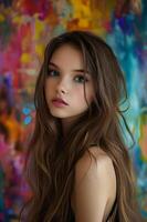 ai gegenereerd stoutmoedig elegantie mooi meisje versierd door een levendig schilderachtig achtergrond foto