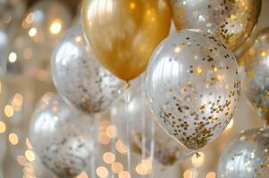 ai gegenereerd glinsterende pracht verheffen uw viering met zilver en goud confetti ballonnen foto