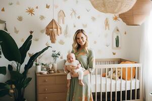 ai gegenereerd koesteren elegantie een boho baby kinderkamer in knus gedempt tonen foto