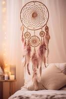 ai gegenereerd koesteren elegantie een boho baby kinderkamer in knus gedempt tonen foto