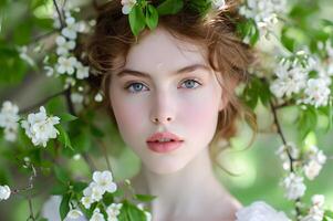 ai gegenereerd omhelzing de bloei vrouw natuurlijk schoonheid in voorjaar banier van zelfzorg foto