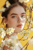 ai gegenereerd zonnig elegantie levendig geel schoonheid banier met vrouw in voorjaar bloemen foto