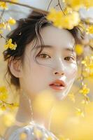 ai gegenereerd zonnig elegantie levendig geel schoonheid banier met vrouw in voorjaar bloemen foto