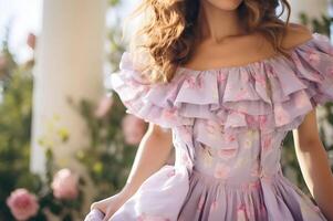 ai gegenereerd lente soiree bruiloft gast elegantie in vrouw bloemen kleding foto