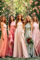 ai gegenereerd lente soiree bruiloft gast elegantie in vrouw bloemen kleding foto