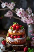 ai gegenereerd lente pracht mooi aardbei taart, een verrukkelijk toetje foto