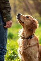 ai gegenereerd bloemblad Speel mooi voorjaar banier vastleggen de vreugde van een gelukkig hond foto