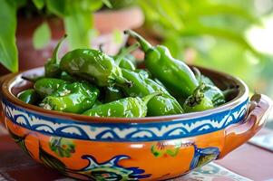 ai gegenereerd barsten van smaak blaren groen paprika's in een tapas feest foto