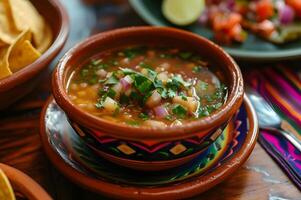 ai gegenereerd pozole perfectie traditioneel Mexicaans kom in kookboek stijl foto