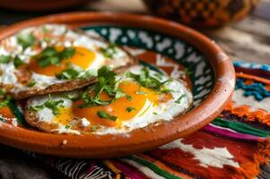 ai gegenereerd ranch-stijl ochtend- huevos rancheros Aan rustiek terracotta foto