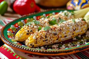 ai gegenereerd straat maïs feest Elote Aan een kleurrijk volk keramisch bord foto