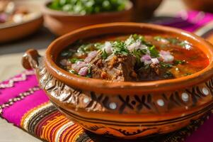 ai gegenereerd birria gelukzaligheid verrukkelijk birria de res in een klei cazuela foto