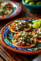 ai gegenereerd tostada feest vers toppings Aan een kleurrijk volk keramisch schotel foto