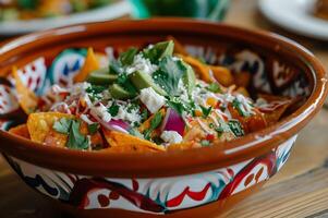 ai gegenereerd Mexicaans culinaire kunst handgemaakt keramisch presentatie van chilaquiles magie foto