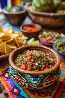 ai gegenereerd salsa gevoel chips en salsa in een levendig volk keramisch schotel foto