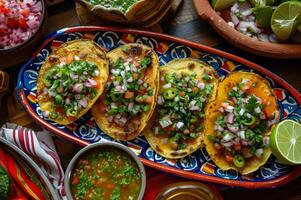 ai gegenereerd taco genot birria taco's Aan een handgemaakt keramisch schotel foto