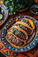 ai gegenereerd taco genot birria taco's Aan een handgemaakt keramisch schotel foto