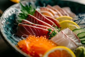 ai gegenereerd Japans culinaire kunstenaarstalent volk achtergrond met sashimi spotlight foto