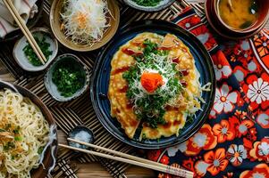 ai gegenereerd okonomiyaki extravagant Japans pannenkoek Aan volk kleding foto