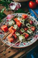 ai gegenereerd meze extravagant feta en watermeloen spiesjes Aan folk-gedrukt schotel foto