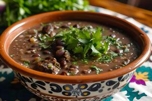 ai gegenereerd authentiek braziliaans feijoada foto in folk-patroon kom