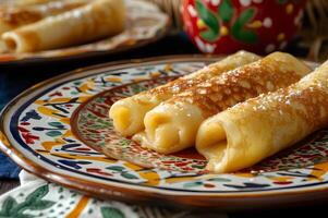 ai gegenereerd aanlokkelijk tapioca genot pannekoeken gevulde met doce de leite Aan folk-patroon borden foto