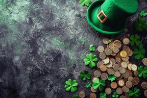 ai gegenereerd st. Patrick dag achtergrond met elf van Ierse folklore hoed, pot van goud munten en Klaver bladeren. generatief ai foto