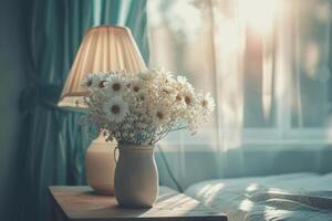 ai gegenereerd nachtkastje tafel met lamp en bloemen in de slaapkamer. generatief ai foto