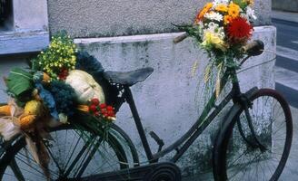 een fiets met bloemen Aan het foto