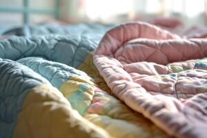 ai gegenereerd kleurrijk pastel gekleurde gewatteerd deken Aan een bed. generatief ai foto